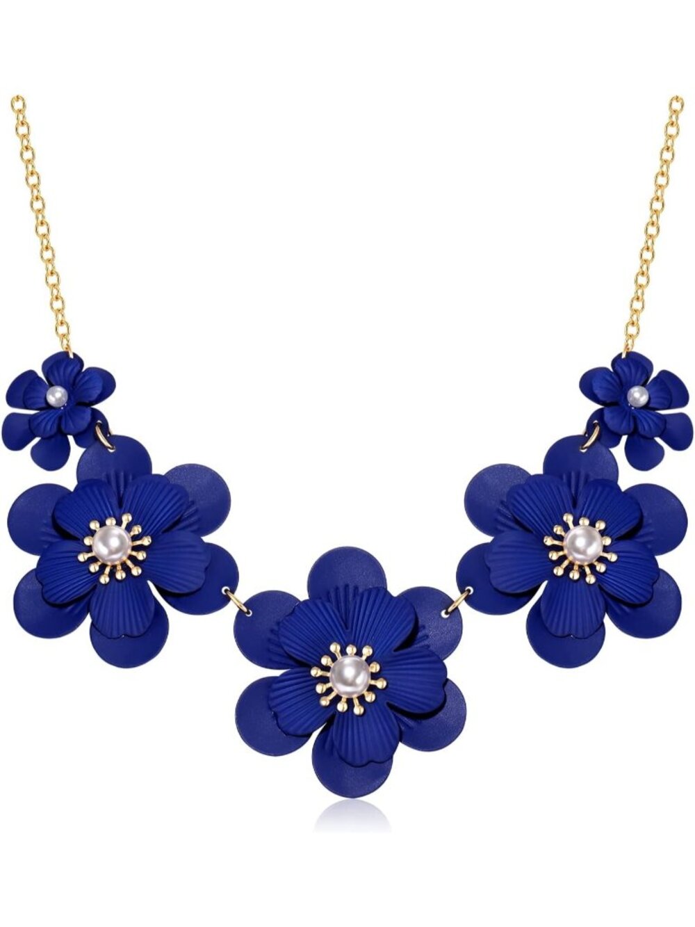 Women's Royal Blue Flower Matte Enamel Pearl Charm Choker Statement Necklace